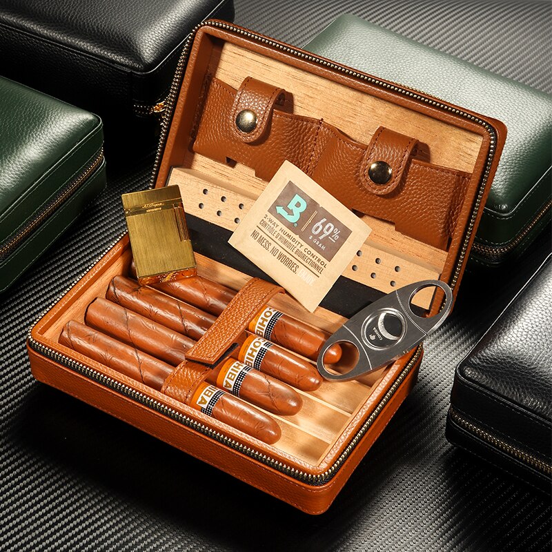 FIREDOG Genuine Leather Cigar Humidor Case Holder Cedar Wood Portable Cigar  Storage Box Travel Humidor Humidifie For Cigars 